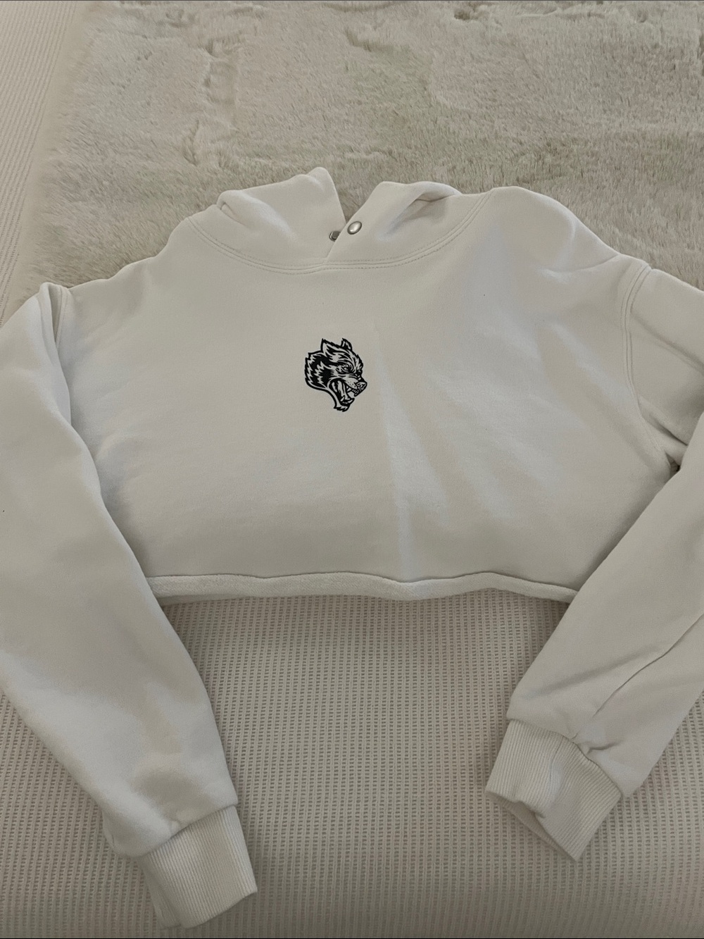 Darc Sport XS Cropped White Hoodie with Black Wolf Emblem - Women